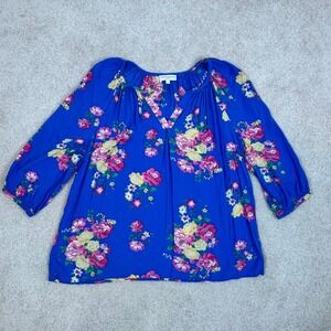 Cynthia Rowley Woman Blue Floral Peasant Blouse 1X Rayon 3/4 Sleeve Boho Top